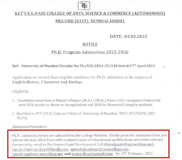 VG Vaze College PhD Admission
