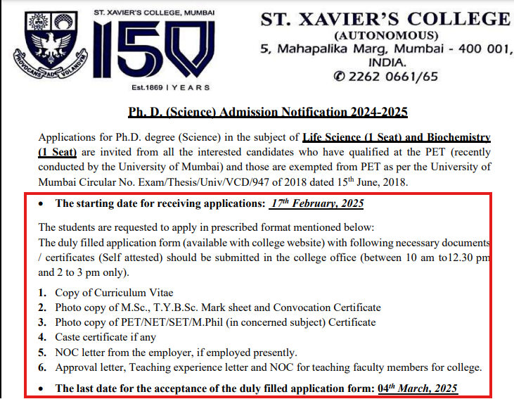 St. Xavier’s College PhD Admissions 2025 Open