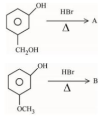 [The image shows 4-hydroxybenzyl alcohol reacting with HBr under heat to give A, and 4-methoxyphenol reacting with HBr under heat to give B]