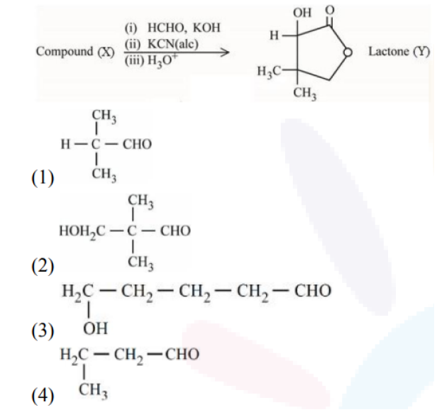  [Image of a reaction scheme is present]  [The image shows compound X reacting with (i) HCHO, KOH; (ii) KCN(alc); (iii) H3O+ to produce lactone Y]