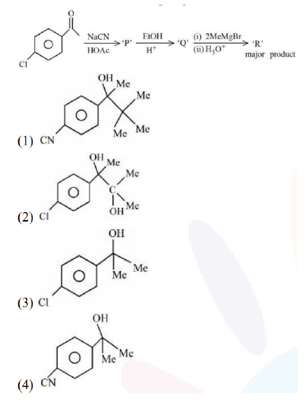 [The image shows chlorobenzaldehyde reacting with NaCN/HOAc, then (i) 2MeMgBr, (ii) H3O+ to produce product R]