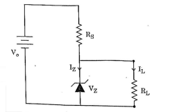 Image description: A circuit diagram including a Zener diode and a load resistance. V₀ is connected in series with R_g. The current divides into I_z through the Zener diode, and I_L through the load resistance R_L. V_z is in reverse bias.