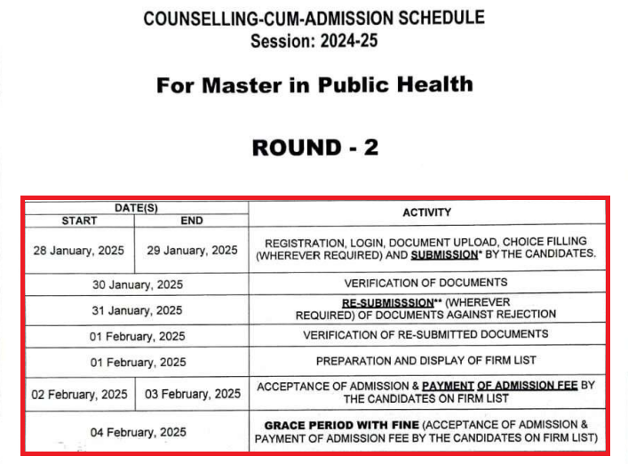 AMU Aligarh MPH 2024-25 Counselling Round 2 Schedule