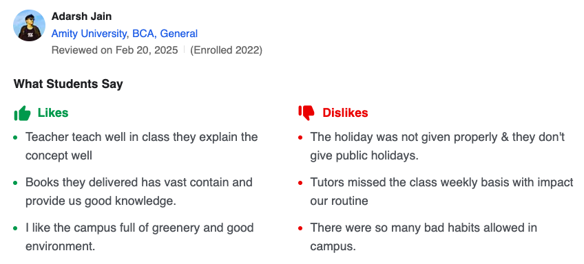 Amity Greater Noida Placement Student Review