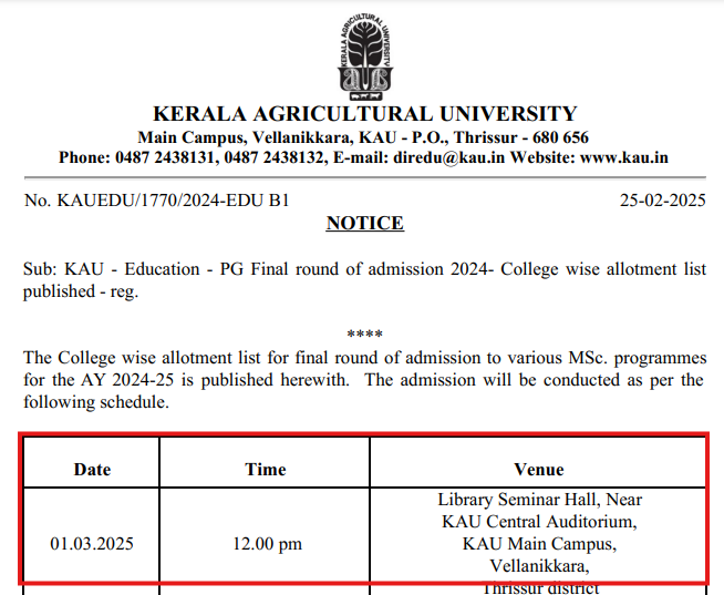 KAU MSc Admission 2024