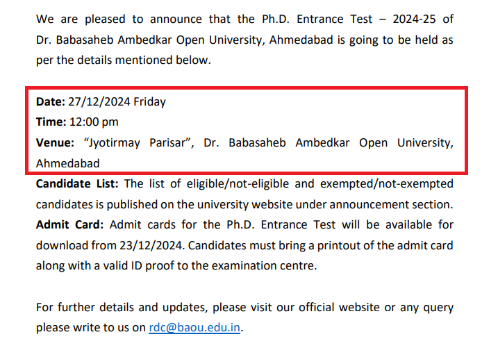 BAOU PhD Entrance Test 2024