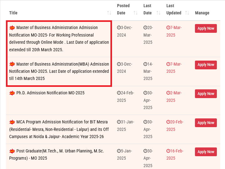 BIT Mesra MBA Admission 2025