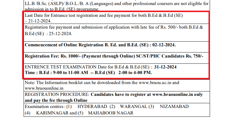 BRAOU B.Ed and B.Ed Special Education Entrance Test 2024 Schedule Out