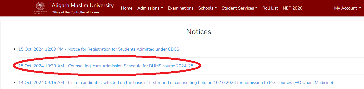 Schedule of Counselling cum admission for BUMS