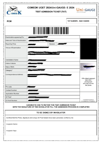 COMEDK Admit card sample