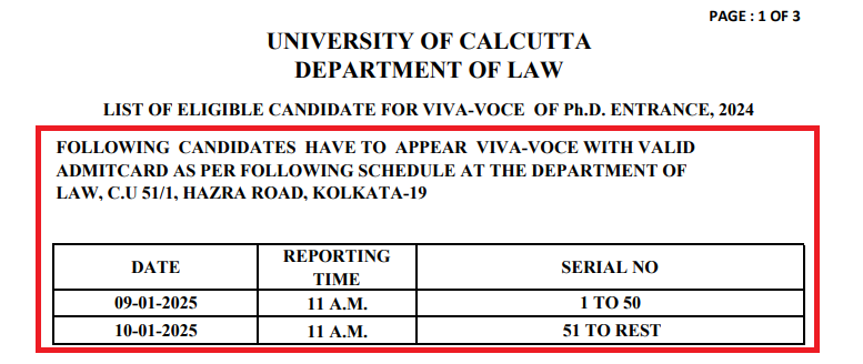 Calcutta University PhD Law Interview 2024