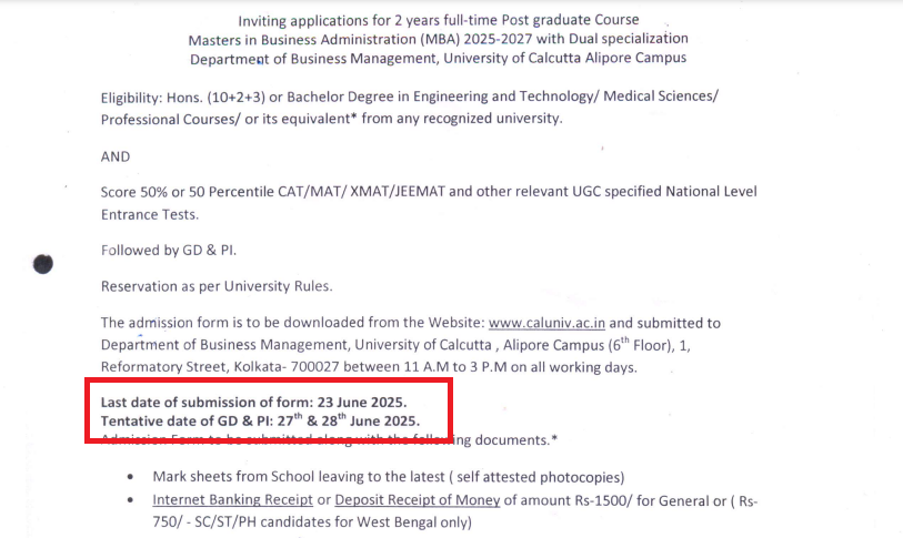 Calcutta University MBA Admission 2025 Open