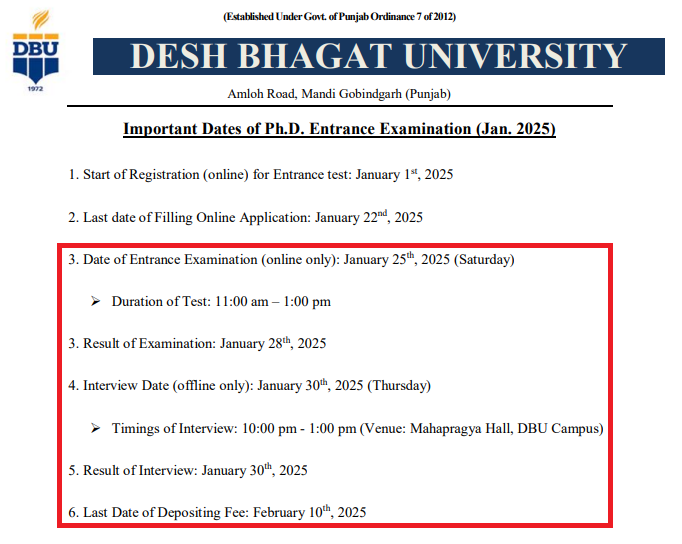 DBU PhD Admission 2025