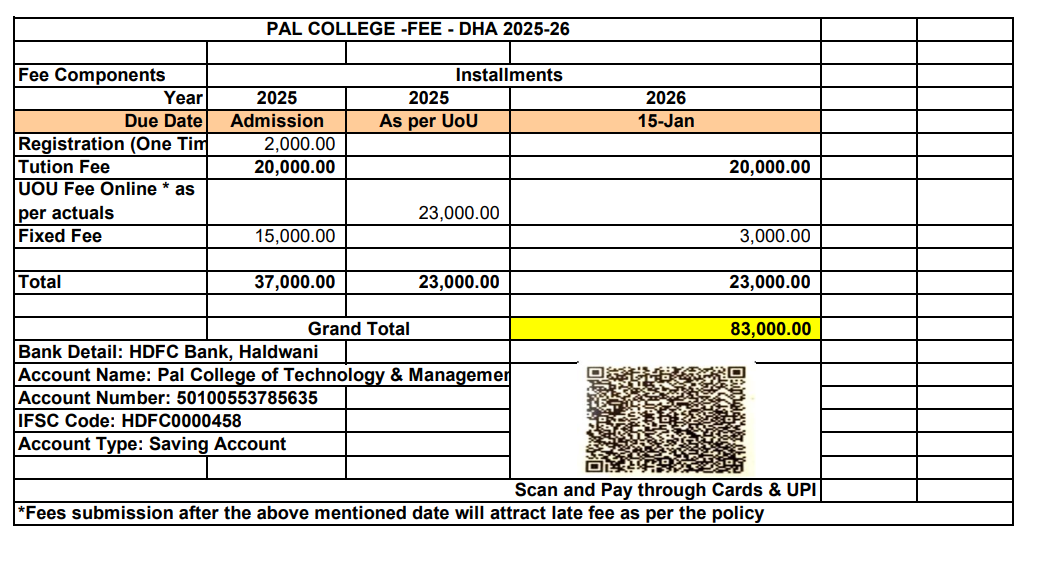 PAL College of Technology and Management DHA Fees Structure
