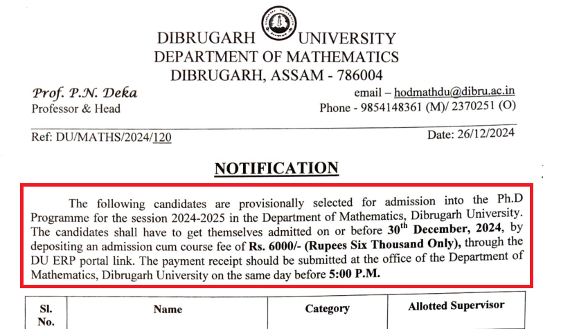 Dibrugarh University PhD Provisional Candidates List 2024-25
