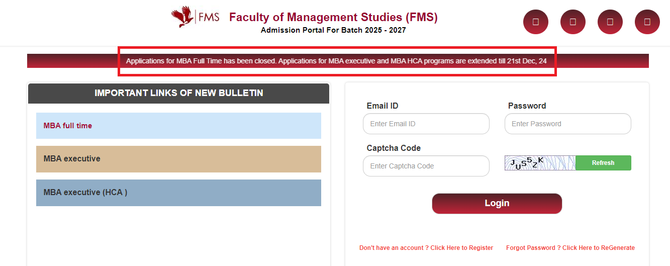 FMS Delhi Extends EMBA and EMBA HCA 2025-27 Application Deadline