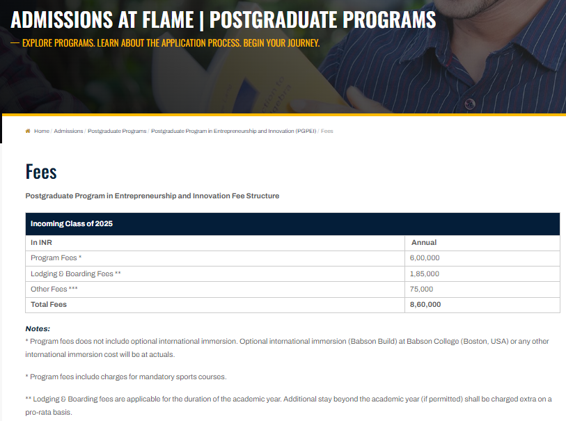 Flame University PG Diploma fees 2024