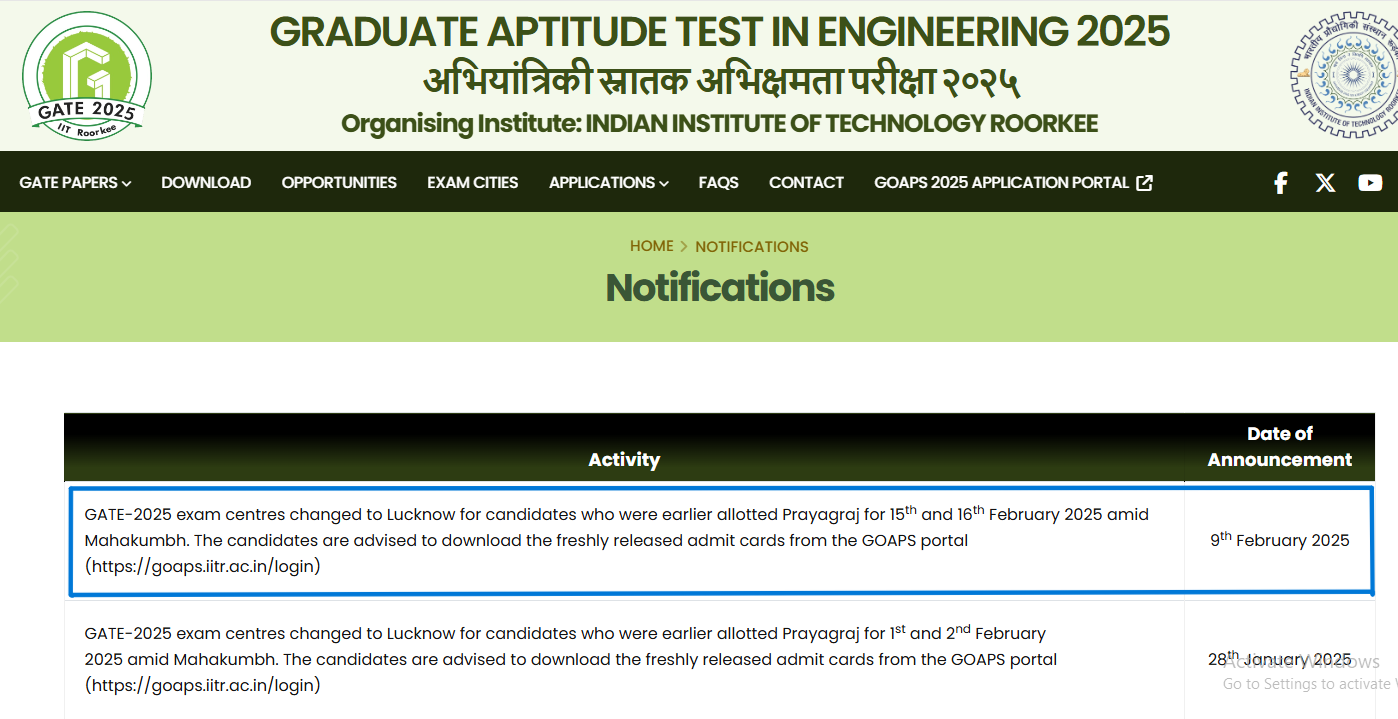 GATE Exam Centers Changed