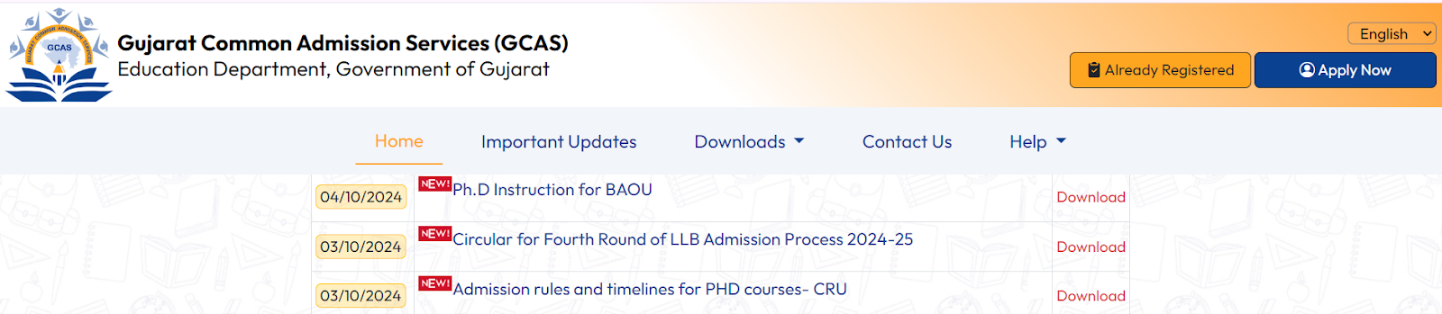 GCAS Schedule for LLB Admission