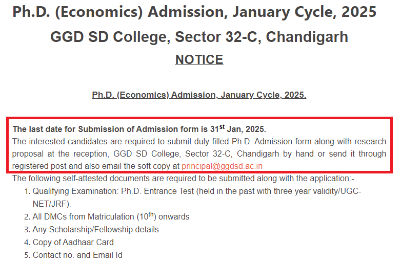 GGDSD PhD Economics Admission 2025