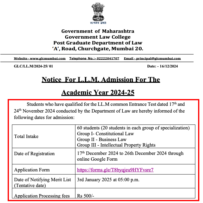 GLC Mumbai LLM Admission