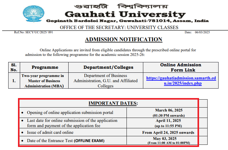 Gauhati University MBA Admission 2025