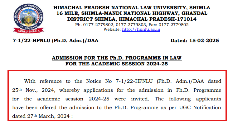 HPNLU PhD Merit List Out