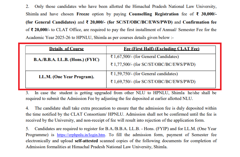 HPNLU LLB and LLM Fee Structure 2025-26