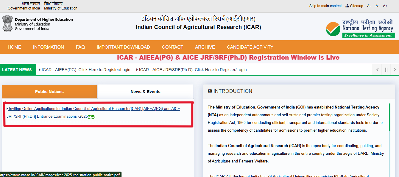 ICAR NTA Registration