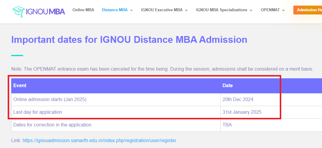 IGNOU Distance MBA Admission 2025