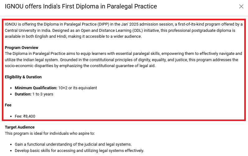 IGNOU Introduces Diploma in Paralegal Practice For 2025