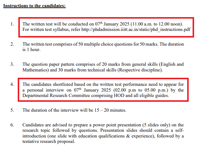 IIIT Trichy PhD Test Schedule 2024-25