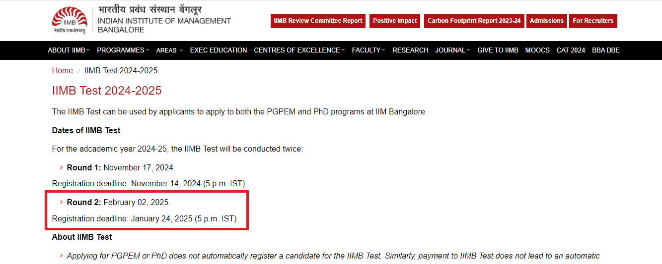 IIMB Test Round 2 Test Schedule Out