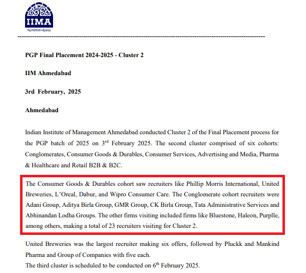 IIM Ahmedabad PGP 2024-25 Cluster 2 Placement Report
