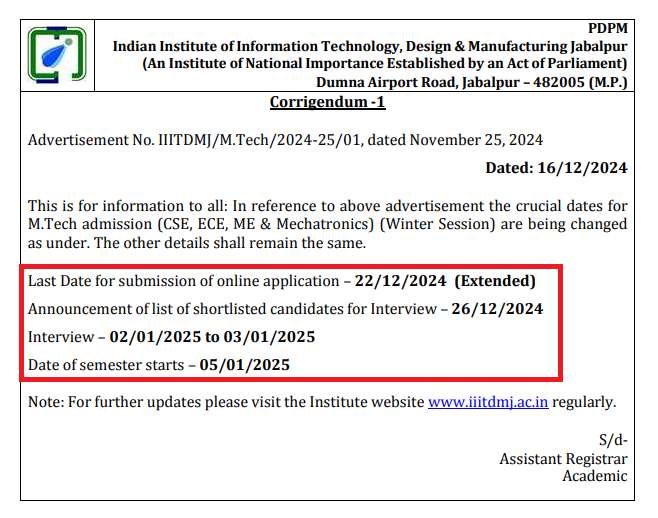 IITDM MTech Admission 2024-25