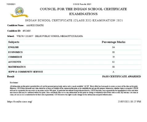 ISC Class 12 Marksheet