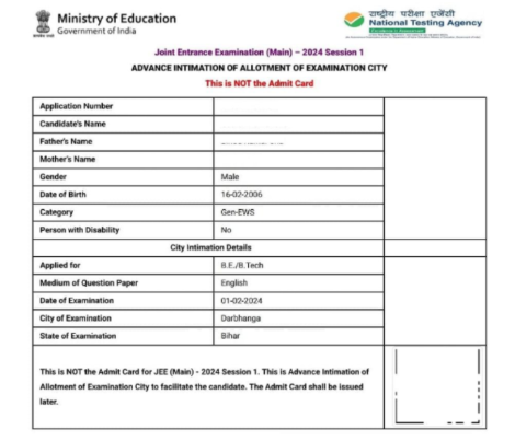 JEE Main City intimation slip