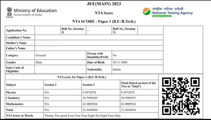 JEE Main sample scorecard
