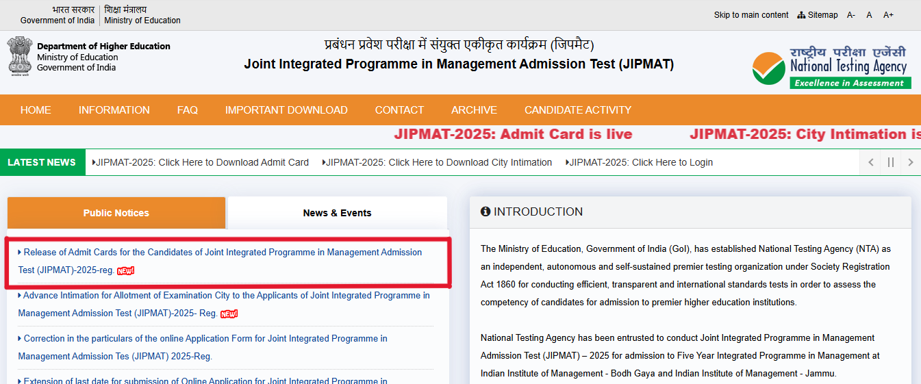 JIPMAT Admit Card