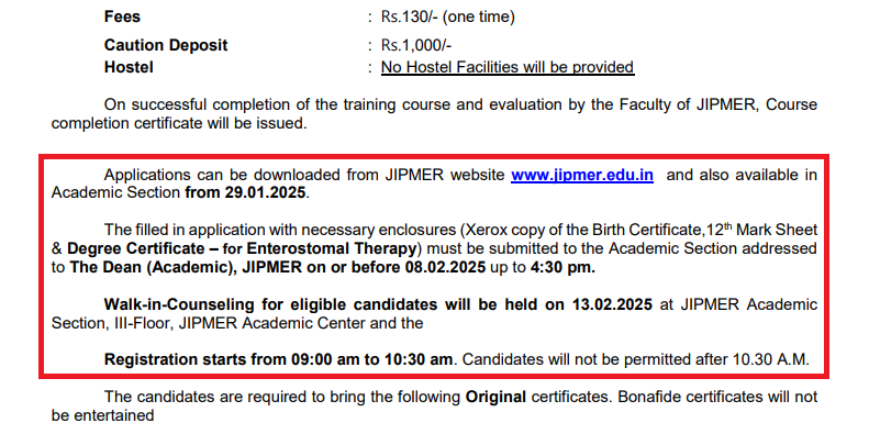 JIPMER Certificate Programs Counselling Schedule 2024-25
