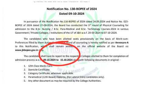 JKBOPEE UG Counselling 2024 Round 3 Reporting