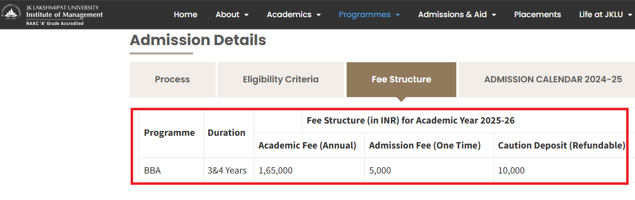 JK LakshmiPati University Fee Structure 2025