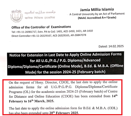 JMI CDOE Online Admission 2025 Open; Apply Before March 16
