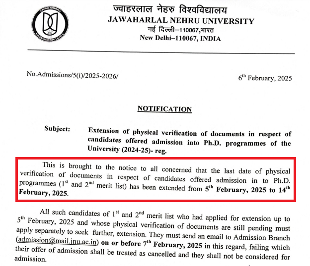JNU PhD Document Verification 2024-25