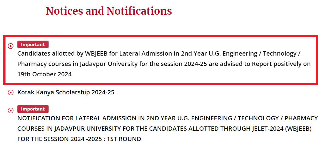 Lateral Admission in 2nd Year U.G. Engineering / Technology / Pharmacy courses in Jadavpur University