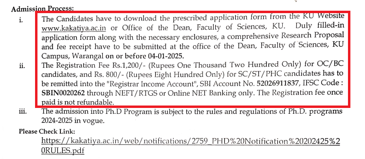 Kakatiya University PhD Science Admission 2024