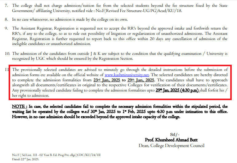 Kashmir University BEd 2024-26