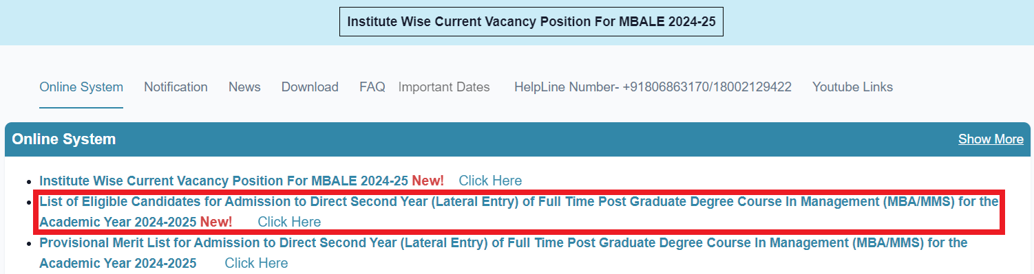 MAH MBA Lateral Entry Provisional Merit List