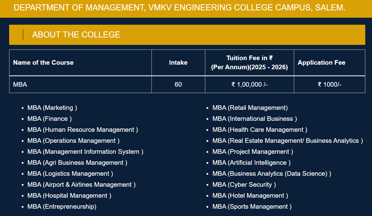 DEPARTMENT OF MANAGEMENT, VMKV ENGINEERING COLLEGE CAMPUS, SALEM MBA Fees Structure