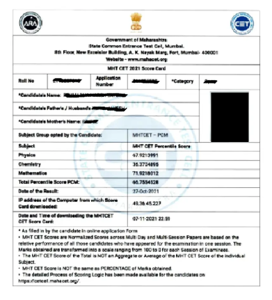 MHT CET Score card 